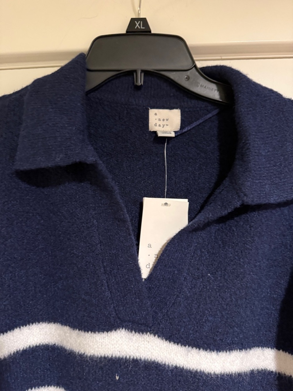 a new day Navy and White Striped V-Neck Collared Sweater - Picture 2 of 7